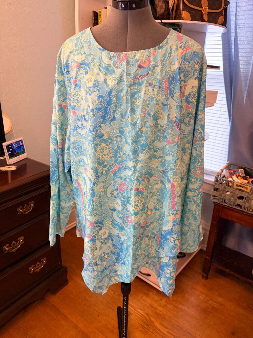 Blue Paisley Mandala Tunic XXL Long Sleeve Lightweight Boho Blouse Resortwear - Picture 1 of 10